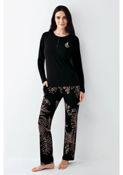 Siyah Desenli Bisiklet Yaka Uzun Kol Kadın Pijama Takım fiyatları