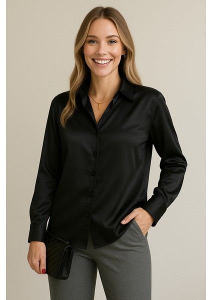 “kadın Saten Dokulu Şık Uzun Kollu Gömlek – Ofis & Günlük Kullanıma Uygun Bluz”