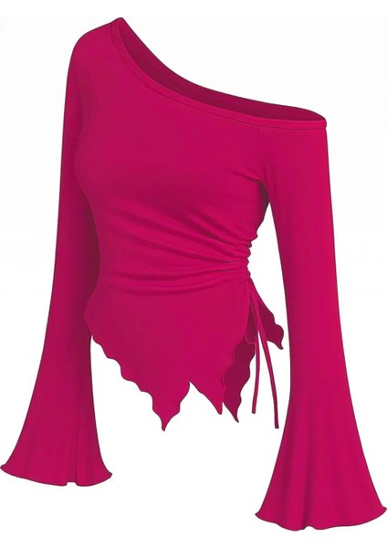 Kadın Fuşya Uzun Ispanyol Kollu Asimetirik Yaka Yandan Bağlamalı Drapeli Bluz