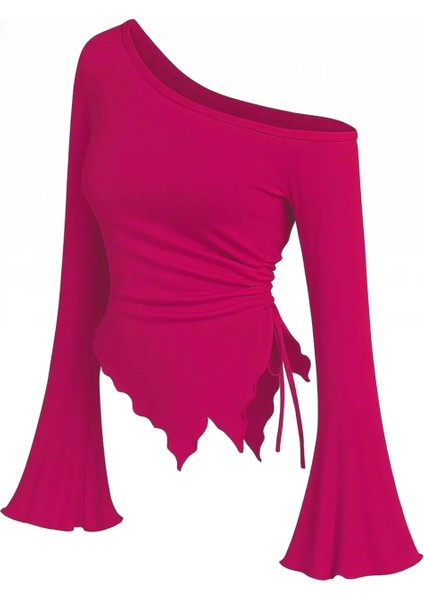 Kadın Fuşya Uzun Ispanyol Kollu Asimetirik Yaka Yandan Bağlamalı Drapeli Bluz modelleri