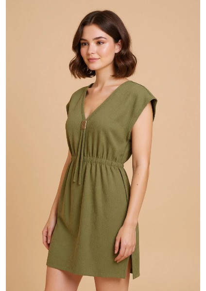Kadın Haki Yanları Yırtmaçlı Tokalı V Yaka Mini Plaj Elbisesi fiyatları