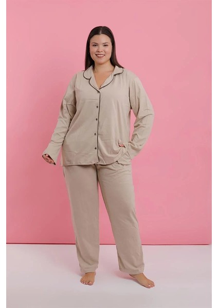 Kadın Büyük Beden Bej Düğmeli Pijama Takımı indirimleri