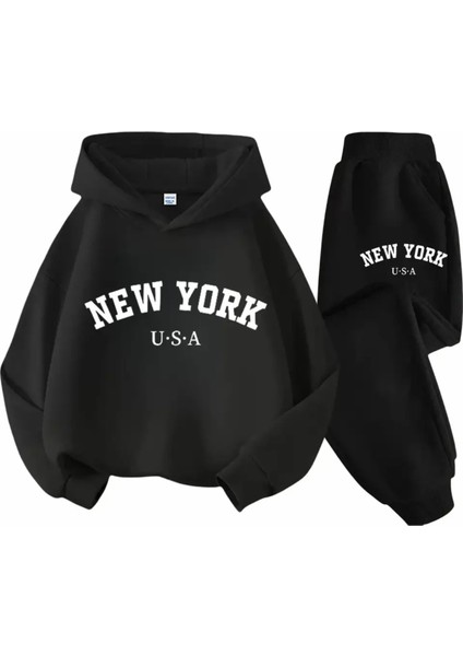 Punıx Büyük Beden Yeni Kış Koleksiyonu Kapüşonlu New York Baskılı %100 Pamuk Kışlık Kadın Modern Battal Eşofman Takımı