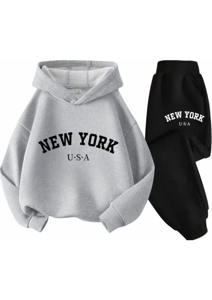 Punıx Büyük Beden Yeni Kış Koleksiyonu Kapüşonlu New York Baskılı %100 Pamuk Kışlık Kadın Modern Battal Eşofman Takımı