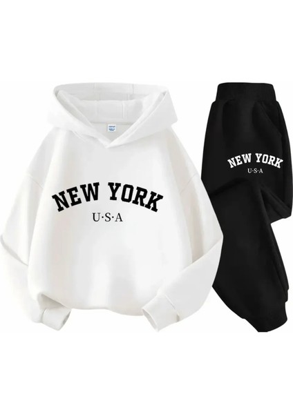 Punıx Büyük Beden Yeni Kış Koleksiyonu Kapüşonlu New York Baskılı %100 Pamuk Kışlık Kadın Modern Battal Eşofman Takımı