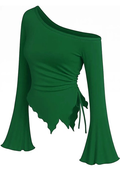 Kadın Yeşil Uzun Ispanyol Kollu Asimetirik Yaka Yandan Bağlamalı Drapeli Bluz