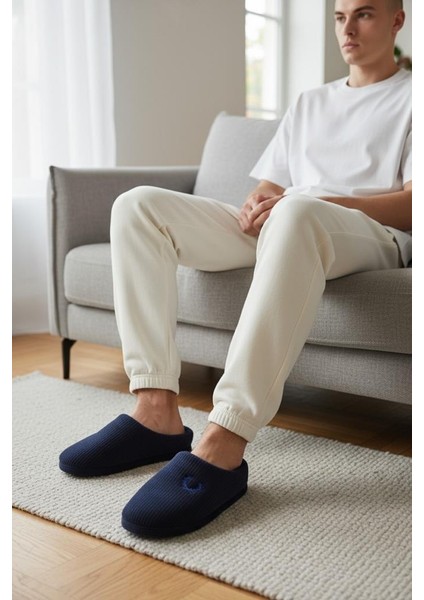 Erkek Lacivert Ev Terliği Ses Yapmayan Yumuşak Rahat Taban Içi Yünlü Terlik