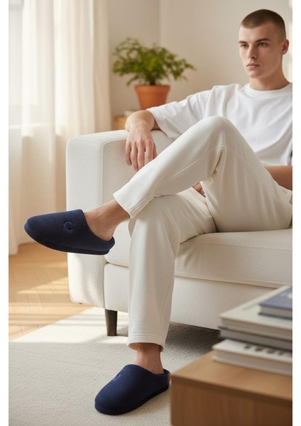 Erkek Lacivert Ev Terliği Ses Yapmayan Yumuşak Rahat Taban Içi Yünlü Terlik modelleri