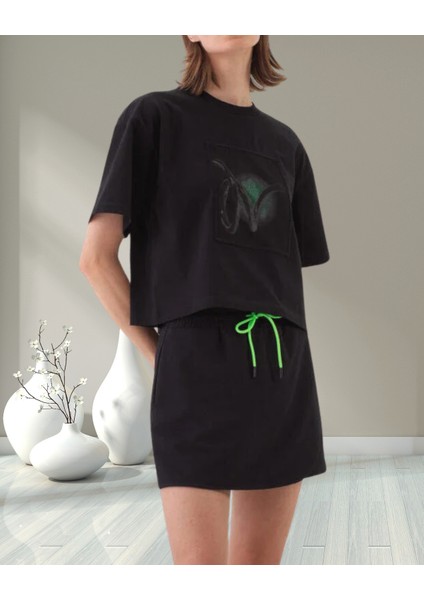 xint Kadın Bisiklet Yaka Oversize Önü Desenli Örme Kumaş Pamuklu Tişört