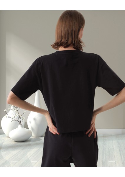 xint Kadın Bisiklet Yaka Oversize Önü Desenli Örme Kumaş Pamuklu Tişört fırsatları