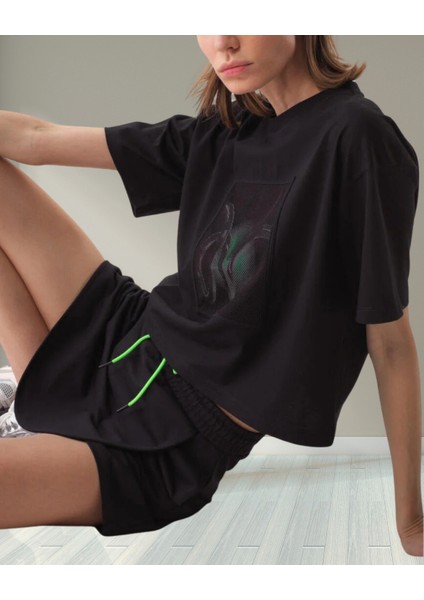 xint Kadın Bisiklet Yaka Oversize Önü Desenli Örme Kumaş Pamuklu Tişört indirimleri