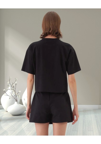 xint Kadın Bisiklet Yaka Oversize Önü Desenli Örme Kumaş Pamuklu Tişört