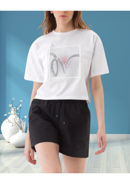 xint Kadın Bisiklet Yaka Oversize Önü Desenli Örme Kumaş Pamuklu Tişört