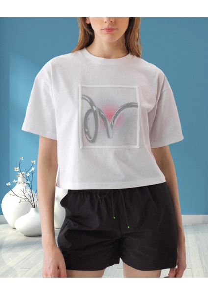 xint Kadın Bisiklet Yaka Oversize Önü Desenli Örme Kumaş Pamuklu Tişört fiyatları