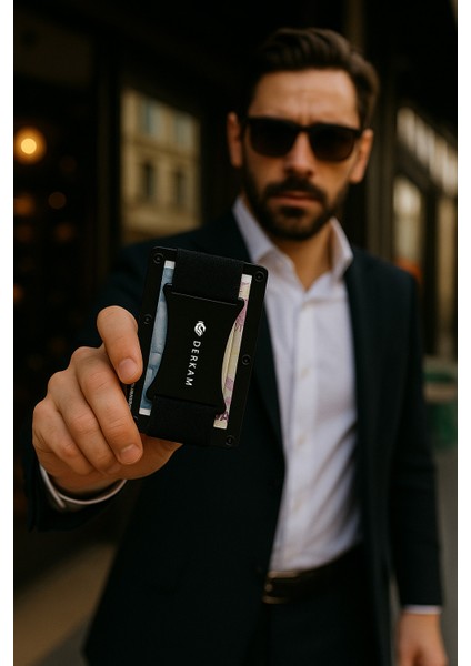 Derkam Minimalist Cüzdan & Kartlık - Erkek Kartlık | RFID Korumalı Alüminyum Kartlık | T- Black
