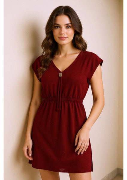Kadın Bordo Yanları Yırtmaçlı Tokalı V Yaka Mini Plaj Elbisesi indirimleri
