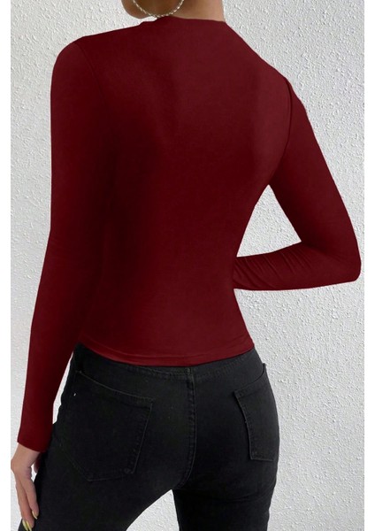 Kadın Bordo Belden ve Boyundan Büzgü Detaylı Uzun Kollu Bluz fiyatları