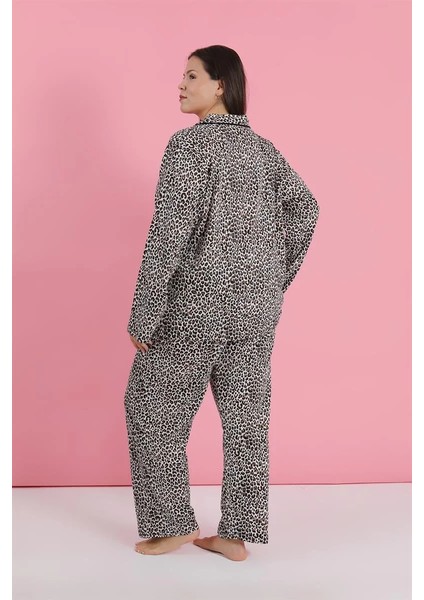 Kadın Büyük Beden Leopar Desenli Düğmeli Pijama Takımı indirimleri