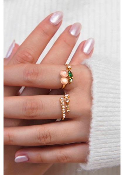 Ikili Set Ayarlanabilir Taşlı ve Inci Kadın Yüzük (Altın Renk)