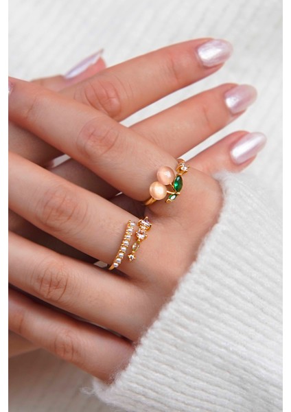 Ikili Set Ayarlanabilir Taşlı ve Inci Kadın Yüzük (Altın Renk) fiyatları