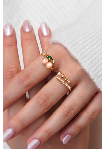 Ikili Set Ayarlanabilir Taşlı ve Inci Kadın Yüzük (Altın Renk) modelleri