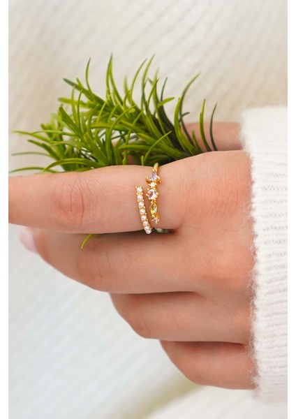 Ikili Set Ayarlanabilir Taşlı ve Inci Kadın Yüzük (Altın Renk) fırsatları