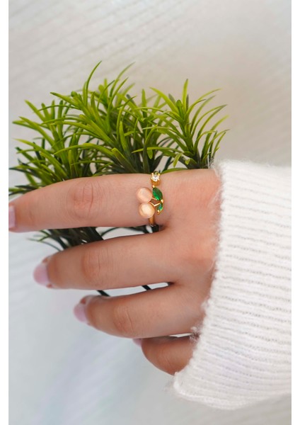 Ikili Set Ayarlanabilir Taşlı ve Inci Kadın Yüzük (Altın Renk)