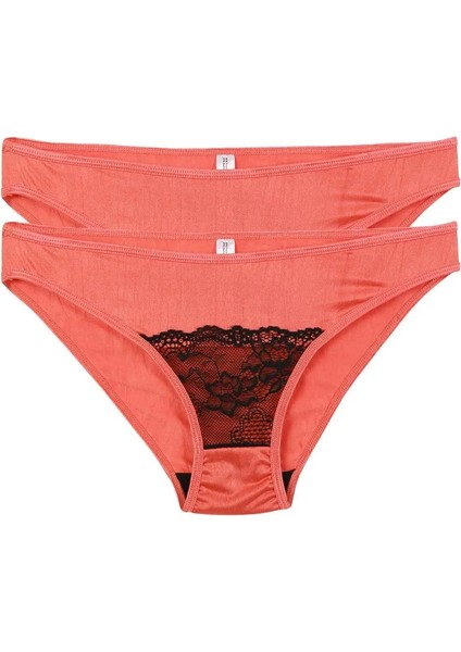 Kadın Mercan Rengi Dantel Detaylı 2'li Slip
