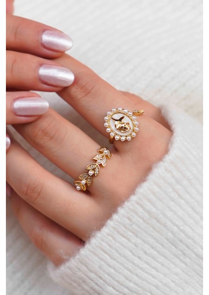 Inci Detaylı Yaprak ve Gül 2’li Kadın Yüzük Seti – Altın Kaplama Hediye Seçeneği