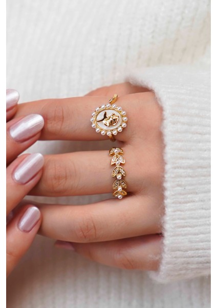 Inci Detaylı Yaprak ve Gül 2’li Kadın Yüzük Seti – Altın Kaplama Hediye Seçeneği fiyatları