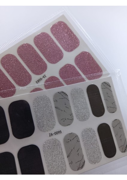 Kendinden Yapışkanlı Nail Sticker 2 Paket Tırnak Stickeri Takma Yapışkanlı Oje Pembe Siyah Simli