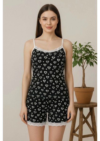 Kadın Siyah Kalp Desenli Askılı Şortlu Dantelli Pijama Takımı fiyatları