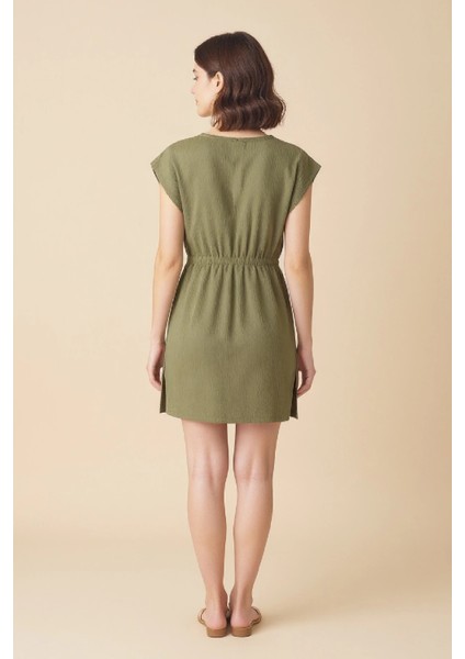 Kadın Haki Yanları Yırtmaçlı Tokalı V Yaka Mini Plaj Elbisesi modelleri