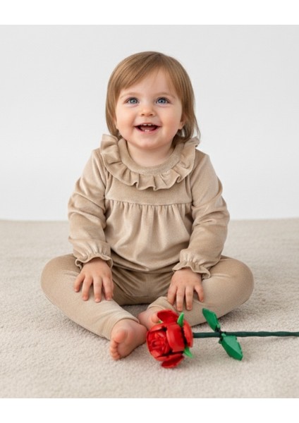 Bebek Kadife Takım - Kız Bebek Volanlı Yaka Alt Üst Takım - 9-12 Ay, 12-18 Ay, 1-2 Yaş, 2-3 Yaş