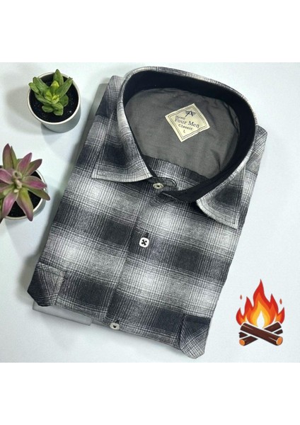 Klasik %100 Cotton Uzun Kollu Terletmeyen Kışlık Flanel Kumaş Siyah Gömlek (Regular Kalıp)