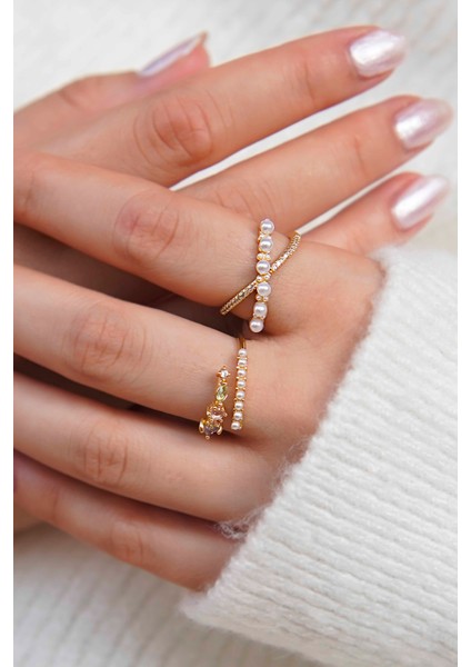 Zirkon Taşlı Inci Detaylı Vip Zarif 2'li Gold Kadın Yüzük Seti fiyatları