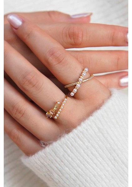 Zirkon Taşlı Inci Detaylı Vip Zarif 2'li Gold Kadın Yüzük Seti modelleri