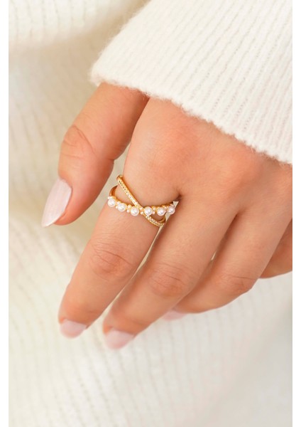 Zirkon Taşlı Inci Detaylı Vip Zarif 2'li Gold Kadın Yüzük Seti