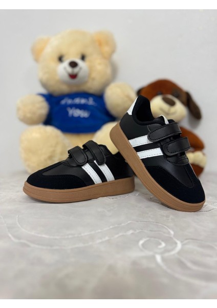 Mınıstep Siyah Beyaz Çizgili Unisex Çocuk Spor Ayakkabı Cırt Cırtlı Rahat ve Şık Günlük Sneaker