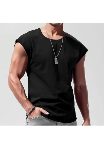Büyük Beden Özel Tasarım Baskısız Düz Renk %100 Pamuk Ter Tutmayan Modern Üretim Kolsuz Erkek T-Shırt