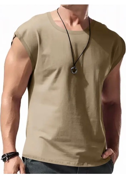 Büyük Beden Özel Tasarım Baskısız Düz Renk %100 Pamuk Ter Tutmayan Modern Üretim Kolsuz Erkek T-Shırt