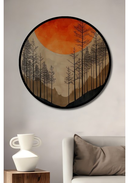 Çerçeve Görünümlü Kırmızı Ay Derin Orman Dekoratif Ahşap Mdf Ev Duvar Tablo Yuvarlak Ev Duvar Tablo