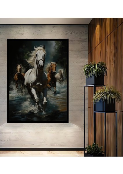 Çerçeve Görünümlü Dört Nala Koşan Atlar Ahşap Mdf Dekoratif Ev Duvar Tablo Dikdörtgen Ev Duvar Tablo