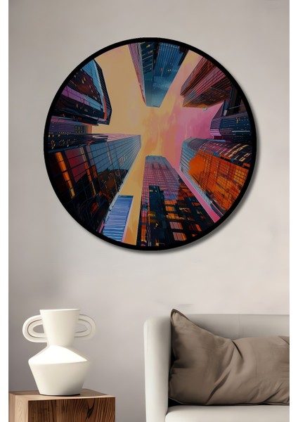 Çerçeve Görünümlü Gökyüzüne Uzanan Şehir Ahşap Mdf Dekoratif Ev Duvar Tablo Yuvarlak Ev Duvar Tablo