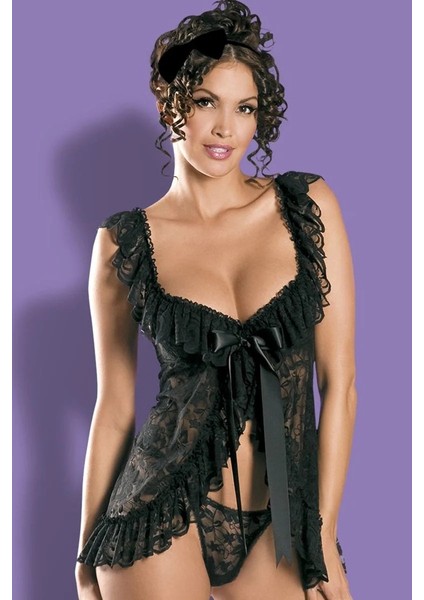 Siyah Kenarları Fırfırlı Dantelli Fantazi Gecelik BRF1266