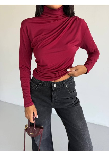 Boğazlı Sandy Kumaş Dar-Slim Kalıp Drapeli Bluz