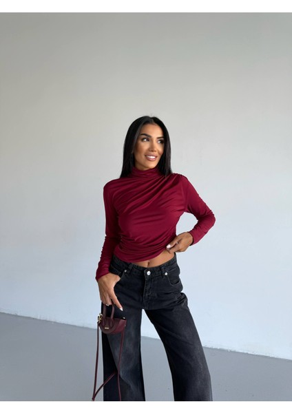 Boğazlı Sandy Kumaş Dar-Slim Kalıp Drapeli Bluz modelleri