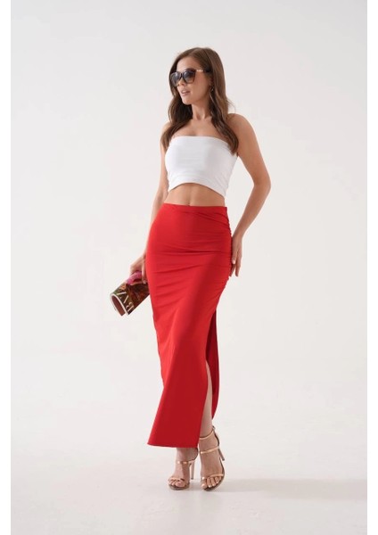 Uzun Yırtmaçlı Ince Kumaş Etek Kırmızı indirimleri