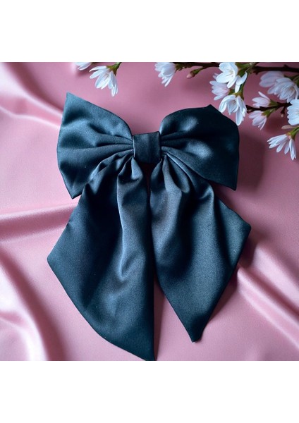 Saten Siyah Renk Klipsli ve Fiyonklu Saç Tokası