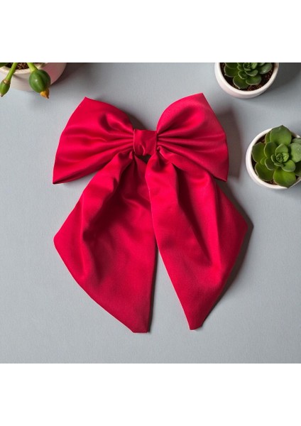 Saten Kırmızı Renk Klipsli ve Fiyonklu Saç Tokası